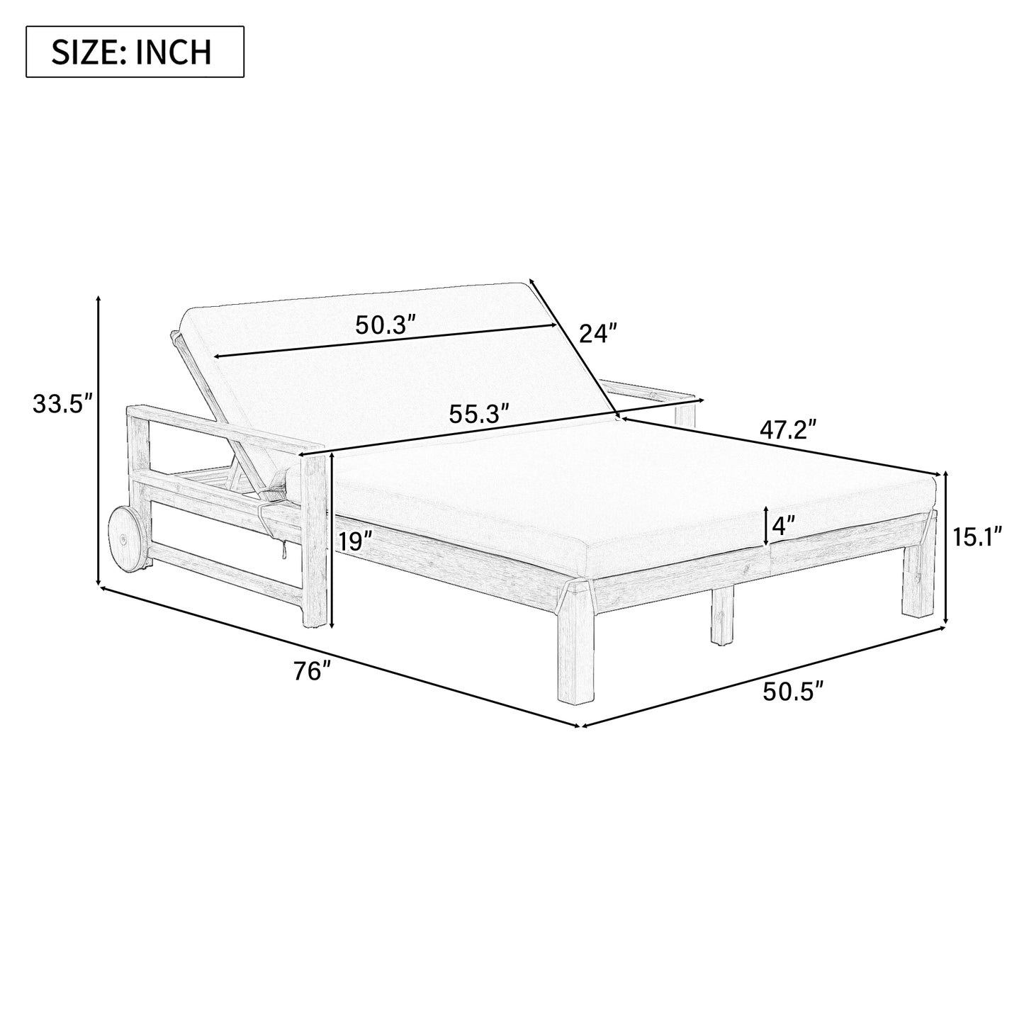 TREXM 1-Piece Farmhouse-styled Wooden Outdoor Sunbed For Ultimate Relaxation Outdoor Daybed Seating 2 People For Poolside  Garden And Backyard  Grey