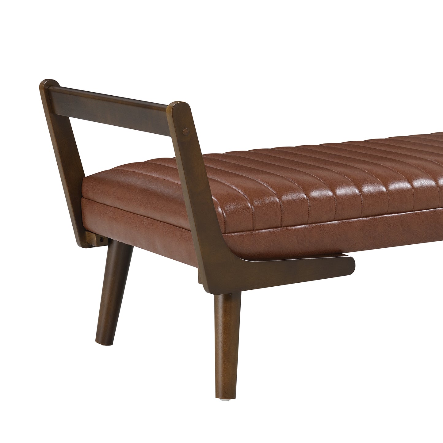 52  Mid Century Bench With Walnut Wood Leg,Channeled Upholstered Footrest Stool For Kitchen, Living Room, Bedroom, Entryway, End Of Bed. PU Cognac, Light Brown