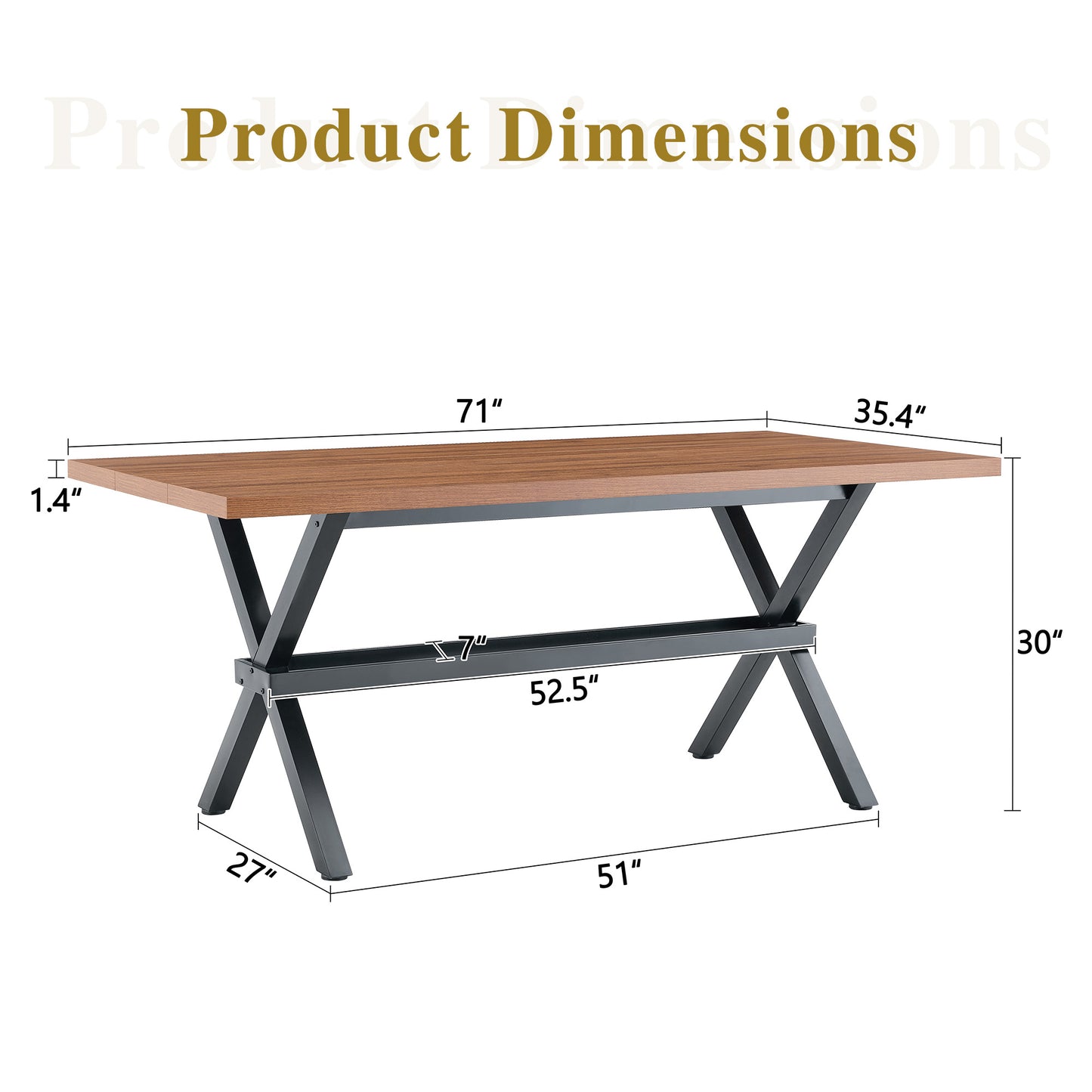 71 X35.4 Inch Walnut MDF Splicing Desktop With X-shaped Metal Frame Dining Table. Modern Industrial Style Multifunctional Dining Table For Household Dining, Suitable For 6-8 People.