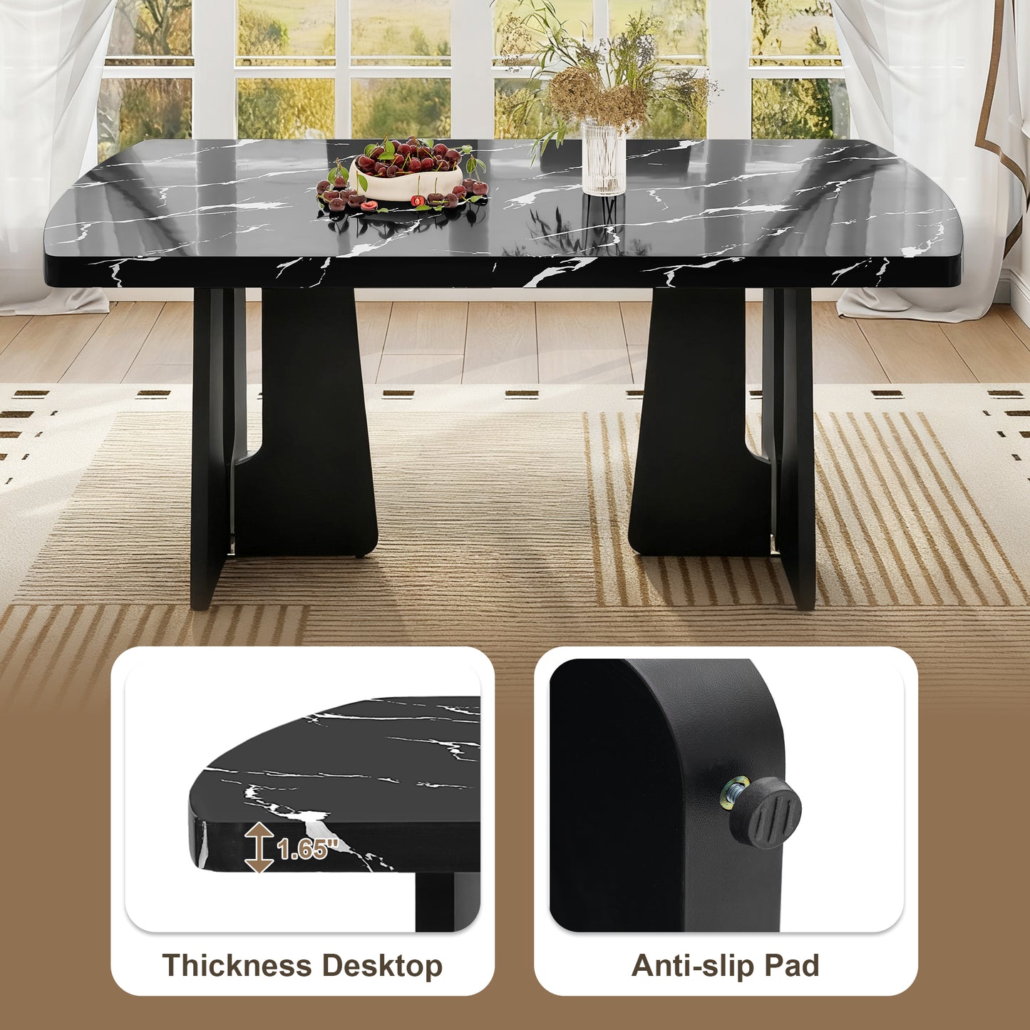 63  Modern Faux Marble Dining Table - Black White Marble Top With Sturdy Geometric Legs, Stylish Kitchen & Dining Room Table For Home, Apartment, Office, Easy To Assemble, Black