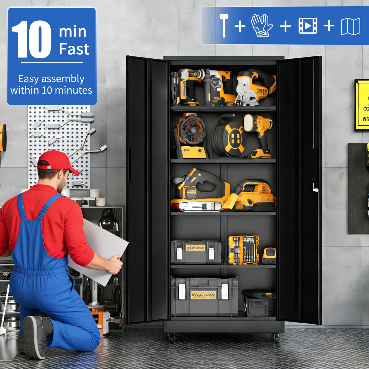 Garage Storage Cabinet With Wheels And Lock, 71 Inch Heavy Duty Rolling Metal Cabinet, 4 Adjustable Shelves  180lb Each , 3-Point Locking Security, For Tool Organization In Garage, Workshop, Office