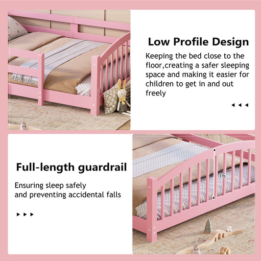 Full Montessori Floor Bed With Slats And Safety Guardrails, Solid Wood Floor Bed With Fence And Without Door, Easy Assemble Montessori Bed For Girls And Boys, Pink