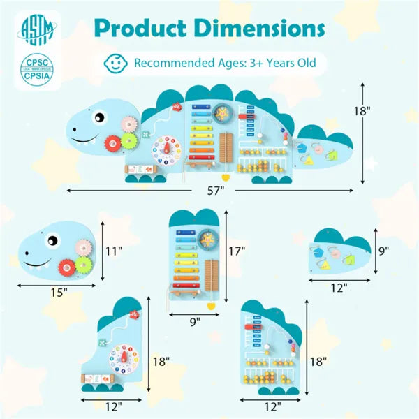 11-in-1 Dinosaur Activity Wall Busy Board Panels-- Wooden Sensory Toy-Blue