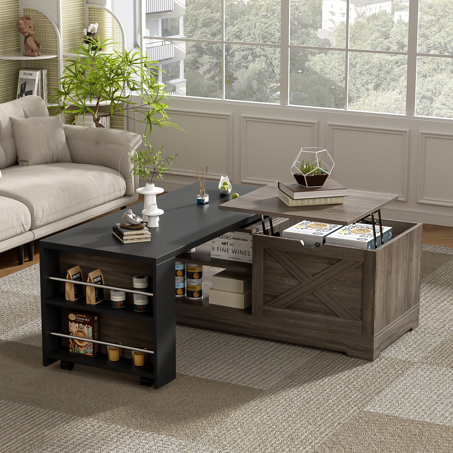 U-Can Farmhouse  Lift Top Coffee Table With Barn Doors, Wood Rectangle Center Table With Large Hidden Storage Space And Open Cabinet, For Living Room, Bedroom, Home Office