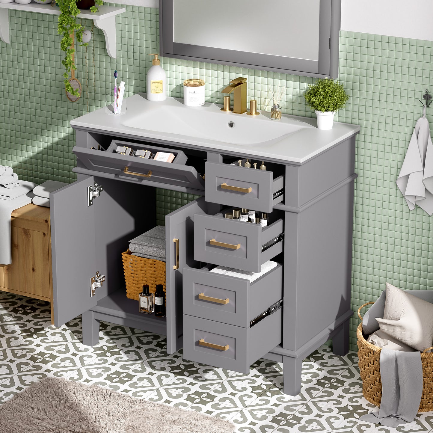 36  Gray Modern Bathroom Vanity With Ceramic Sink, Soft-Close Door, And 4 Storage Drawers ,offering A Refined Look With Practical Everyday Functionality. Old SKU N729P253935E