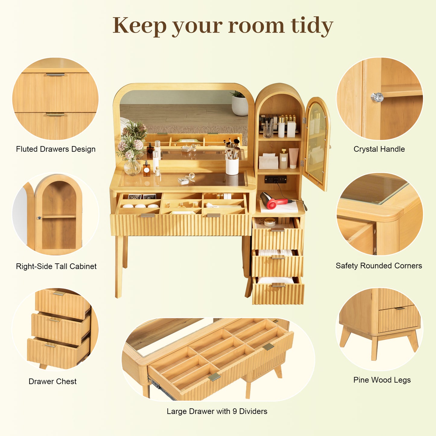 48 Fluted Makeup Vanity Desk With Large 32  Mirror, Modern Glass Top Big Vanity Table With 4 Drawers & Storage Cabinet, Dressing Table Set W Charging Station For Bedroom, Natural