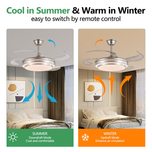 42 Inch 3 Tiers Design Modern LED Ceiling Fan With Light And Remote Control, Retractable Blades, Adjustable 6-Speed, Silent Operation DC Motor For Living Room, Bedroom, Dining Room
