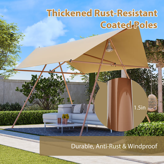 Hexagonal Shade Sail Canopy, Large 206 X118  UV Block Sun Shade With UPF 50 , Waterproof High-Density Polyester Fabric, Brown Rust-Resistant Poles & Built-in Hooks For Patio Backyard -Light Khaki