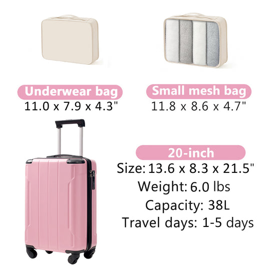 20-Inch Hardshell Carry-On Luggage, Lightweight Durable ABS Suitcase With Spinner Wheels, Built-in TSA Lock, 2 Packing Cubes,