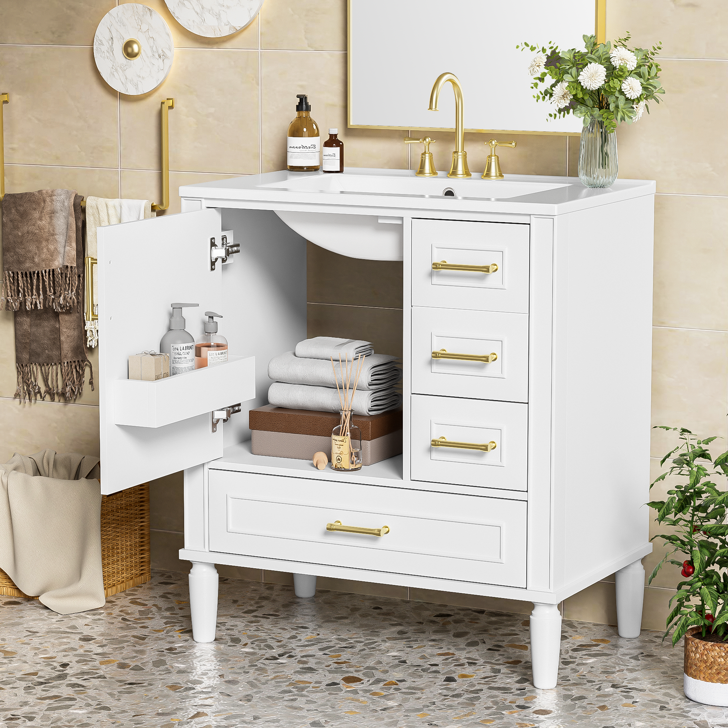 30  Bathroom Vanity With Ceramic Sink, Soft-Close Door With Built-in Shelf, Deep Drawer, Standard Drawer, Long Divider Drawer, Ample Storage Cabinet For Bathroom, Modern & Functional Design