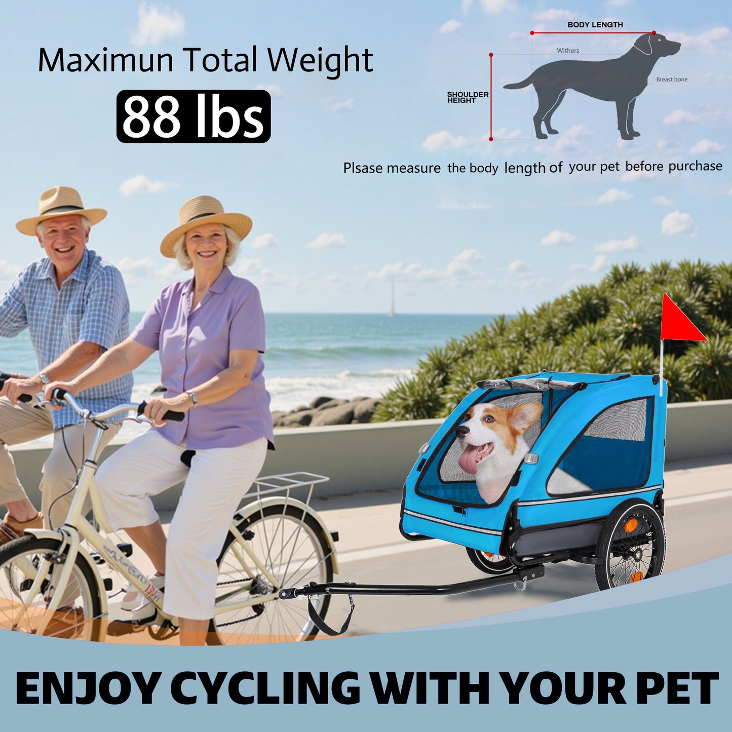 Pet Bike Trailer Dog Cart For Bicycle,Suitable For Small And Medium Pets, Easy Folding Cart Frame, Quick Release Wheel, Non-Slip Floor, Internal Leash, Blue Grey