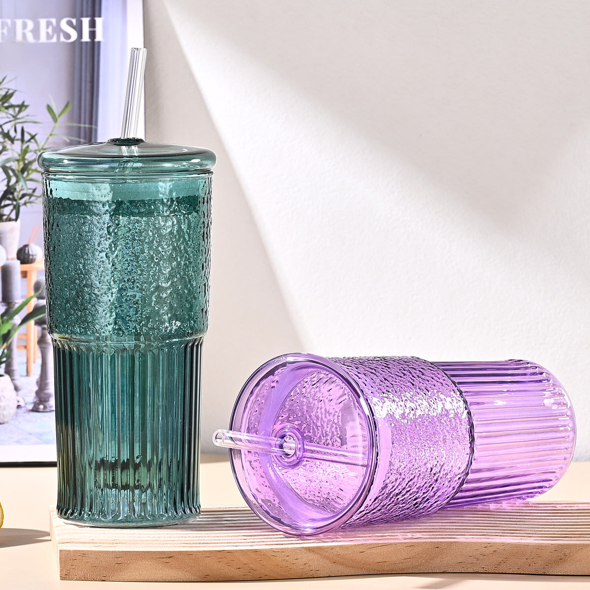20 Oz 2-pack Green Glass Straw Cup With Vertical Pattern Cup And Lid, High Borosilicate Heat-resistant Glass Cup For Juice, Milk And Cold Drinks