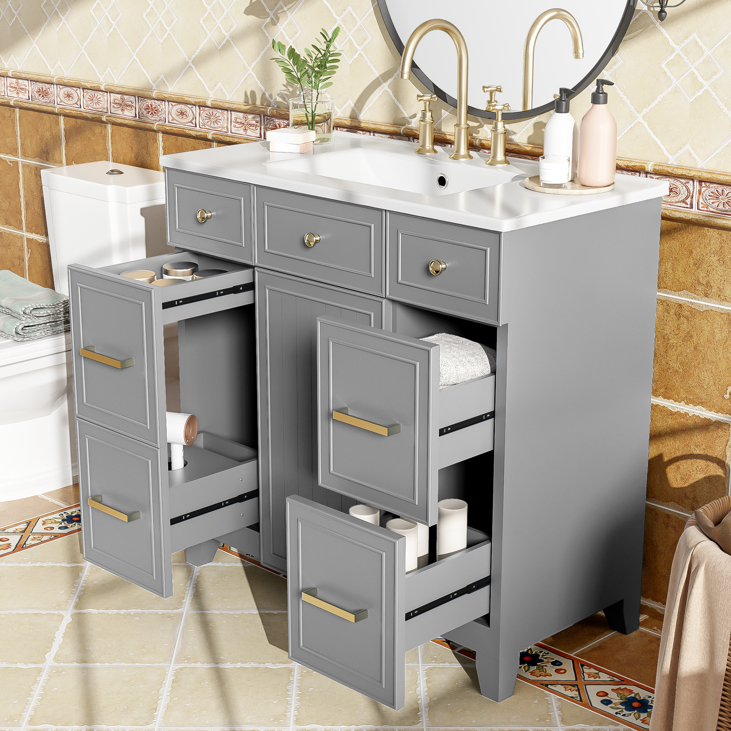 36  Bathroom Vanity With Ceramic Sink, Grey, Solid Wood Frame, Soft Close Doors, Adjustable Shelves, 3 Drawers, Including Double-Depth Drawer For Hairdryer Storage Old Sku SV000003AAL-1