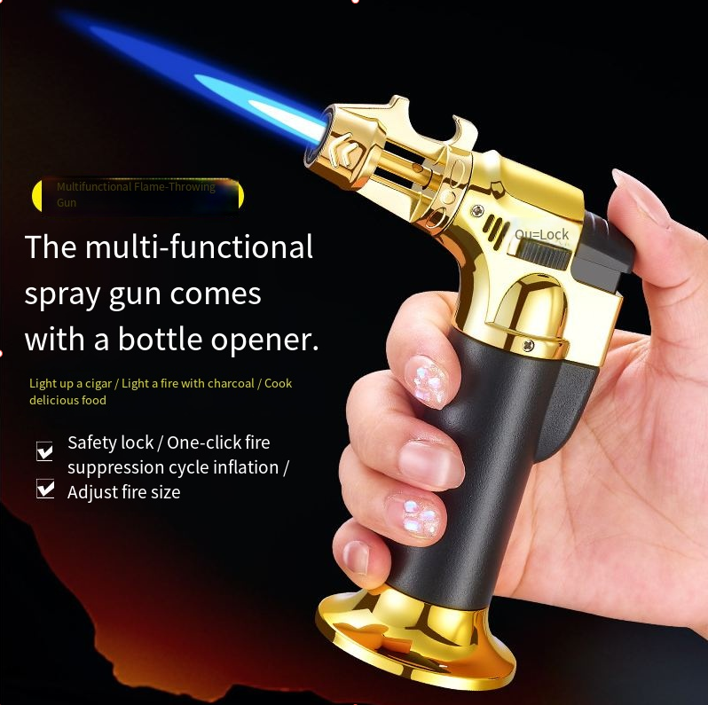 Black Straight-stream Spray Gun With Built-in Bottle Opener, Lighter, Windproof Cigar Holder, Outdoor Portable Barbecue And Baking Kit.