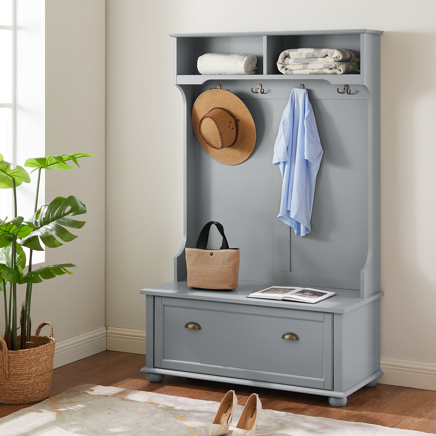Modern Classic Hall Tree With Shoe Rack Bench And Coat Hooks For Hanging Storage, Entryway Bench With Open Shelves And Shoe Cabinets 40.16 Wx18.58 Dx64.17 H GRAY