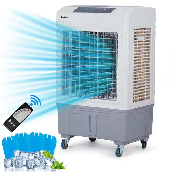 3 In 1 Portable Evaporative Cooler,Indoor,Outdoor,2647CFM Personal Air Cooler With Remote Control ,10.57 Gal Large Water Tank & Scroll Casters, 4 Ice Packs,White And Gray