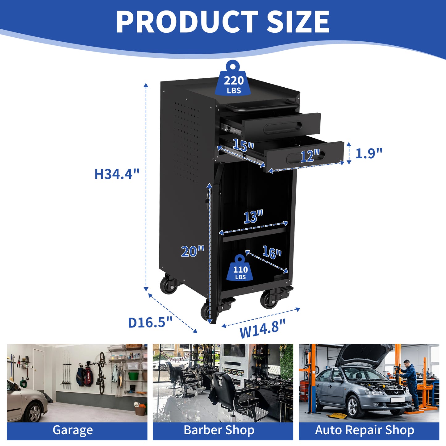 34.3  Narrow Rolling Tool Cabinet - Space-Saving Garage Storage With Lockable Door, 2 Drawers And Large Handle, Slim Metal Organizer For Tight Spaces