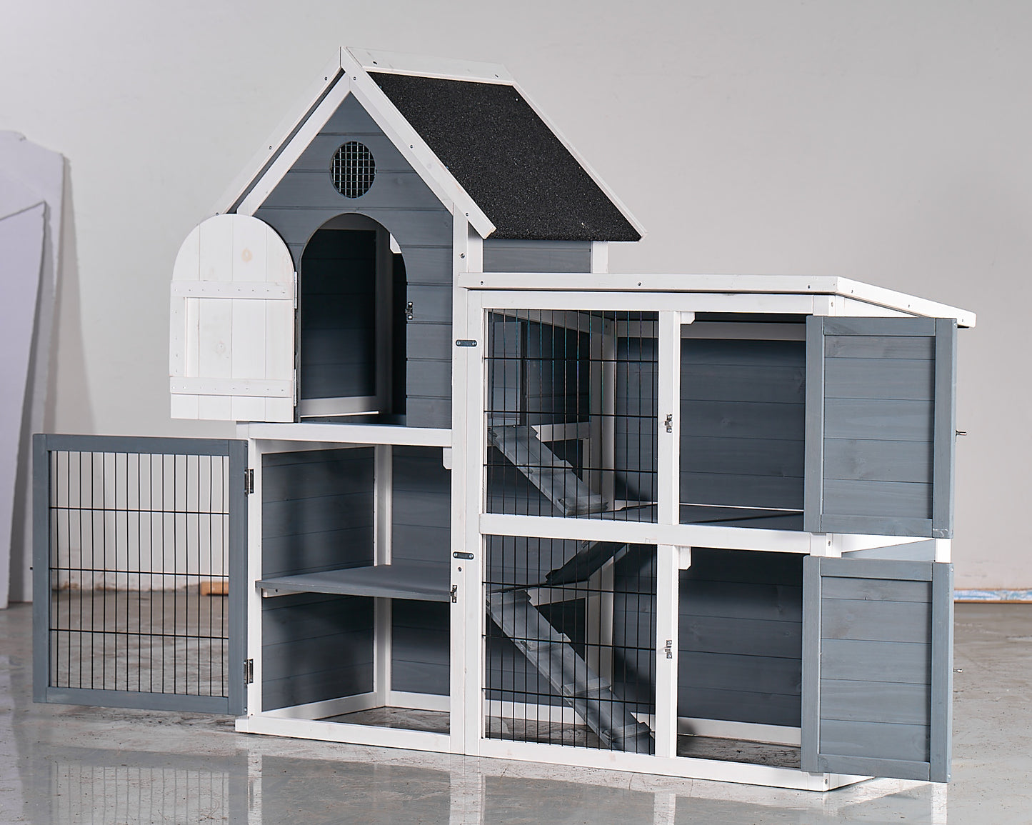 Large Outdoor Chicken Coop Cage, Weatherproof 2-Story Chicken Coop & Rabbit Hutch, Wooden Indoor Outdoor Pet House With No-Leak Tray, Waterproof Roof  Pull-Out Tray 50.98L X 48.23 H, Grey, Blue