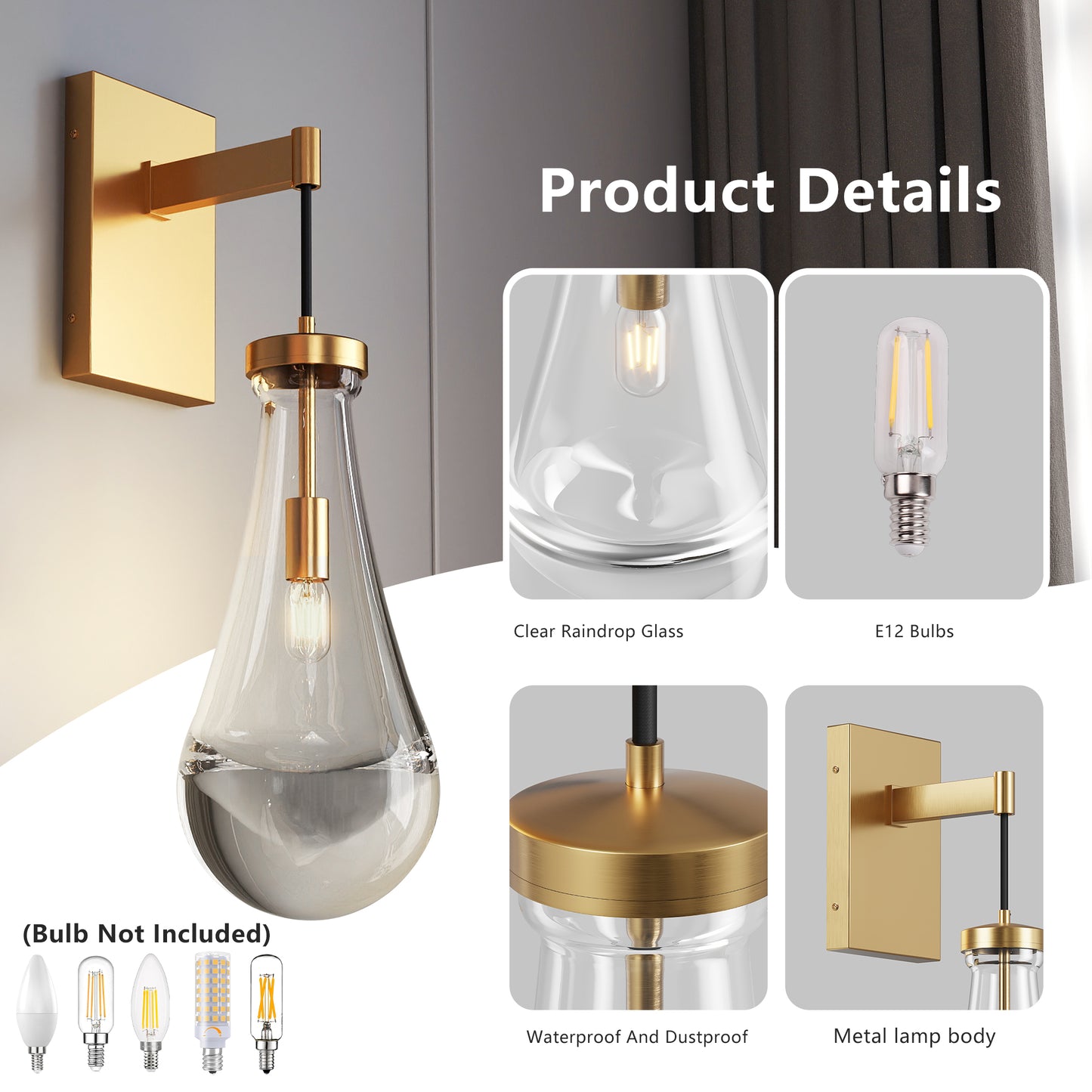 Wall Sconces Set Of Two, Brass Modern Raindrop Glass Sconces Wall Lighting, Gold Wall Light Fixtures Indoor Wall Light, Vanity Light Fixture Wall Lamp For Living Room, Bathroom