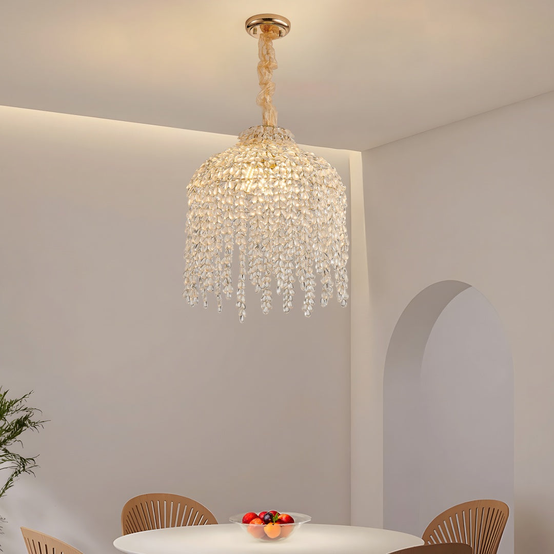 16 Inch 5-Light Crystal Pendant Light Chandelier- Elegant Waterfall Design With Grape-Shaped Crystal Bead Strings And Gold Finish For Living Room, Bedroom, Or Dining Area  Bulb Not Included