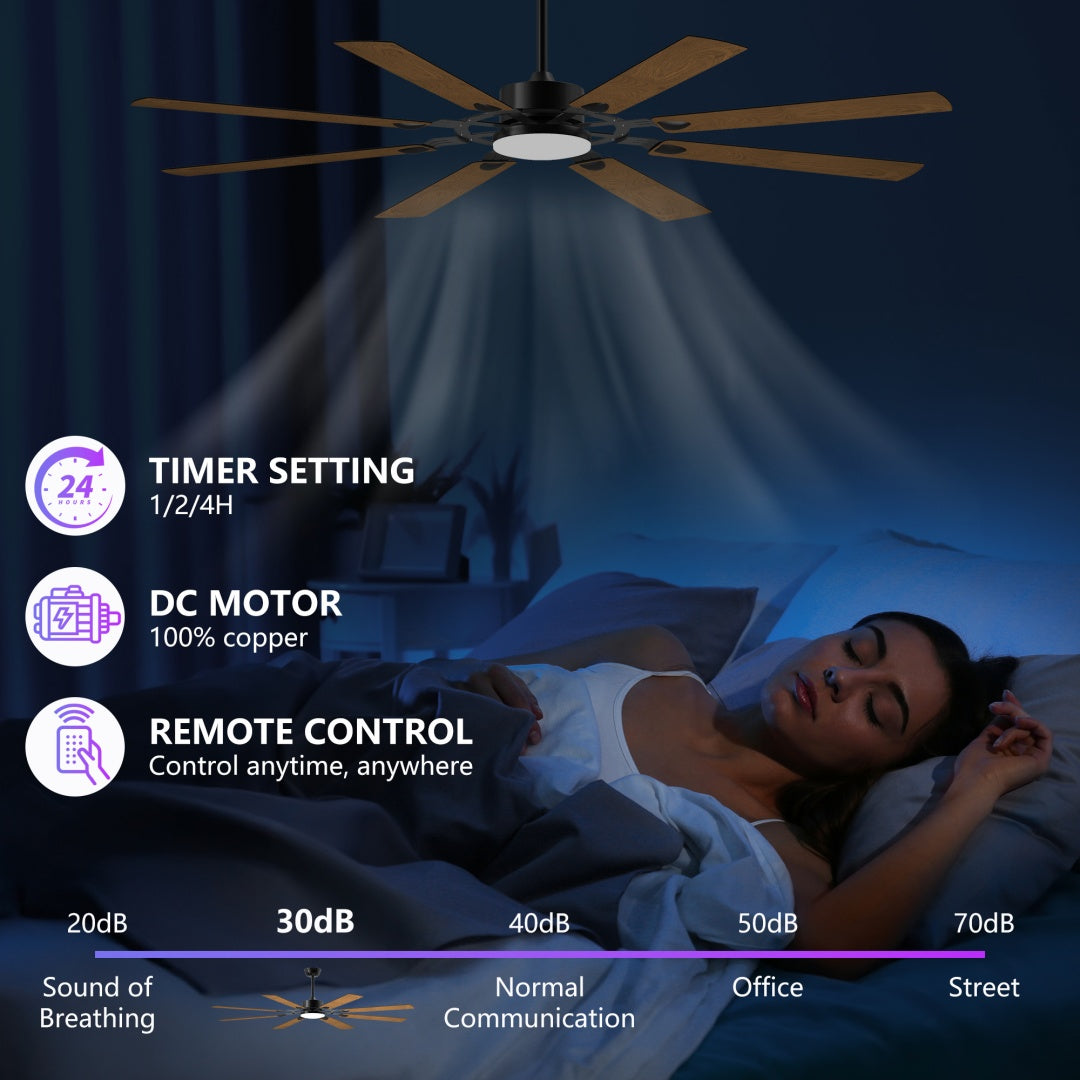 72-Inch 8-Blade Large Ceiling Fan,Reversible Quiet DC Motor,Indoor Outdoor Modern Ceiling Fan,Suitable For Kitchen,Living Room And Terrace,Black.