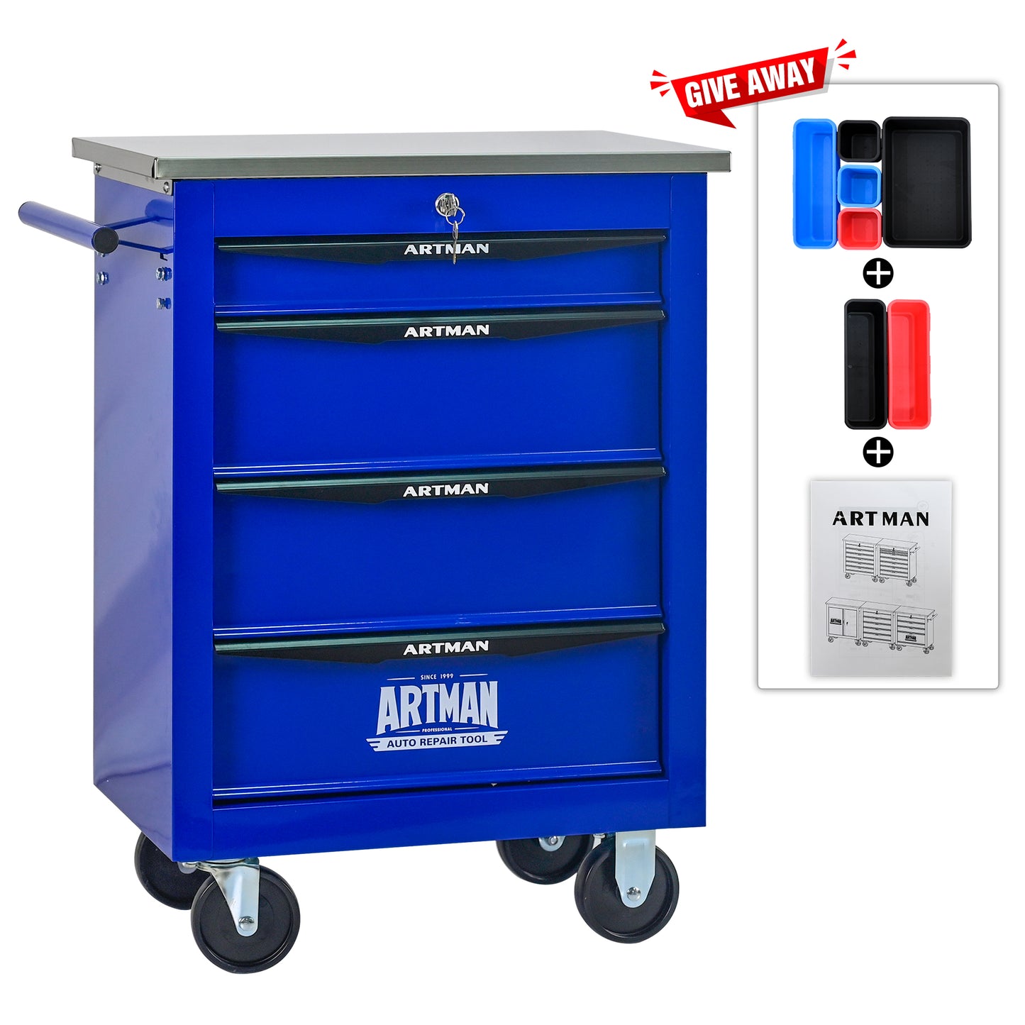 4 Drawers Multifunctional Tool Cart With Wheels,Metal Rolling Tool Cart Storage For Garage Workshop Warehouse Repair Shop--With  Stainless Steel Roof- BLACK&BLUE