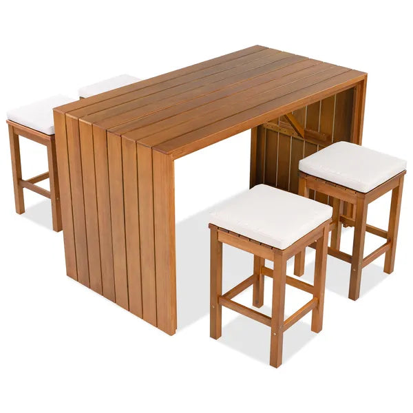 5 Piece Outdoor Bar Set, Patio Acacia Wood Bar Height Table & Four Stools With Cushions, Wood Dining Bar Set For Backyard, Poolside, Balcony, Beige Cushion And Natural Wood