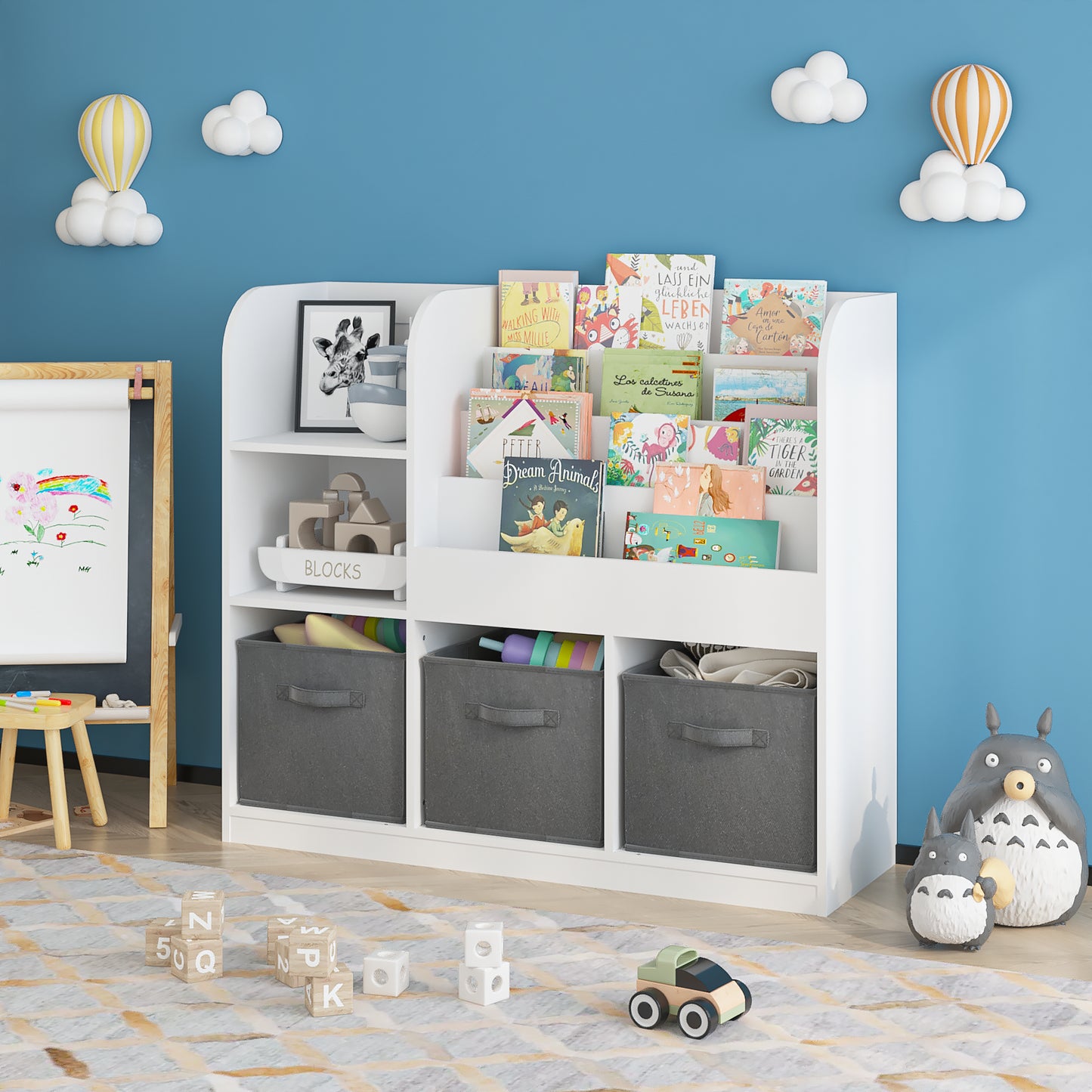 Kids Bookcase And Bookshelf, Multifunctional Bookcase With 3 Collapsible Fabric Drawers, Bookcase Display Stand, Toy Storage Organizer For Bedroom, Playroom, Hallway White Gray
