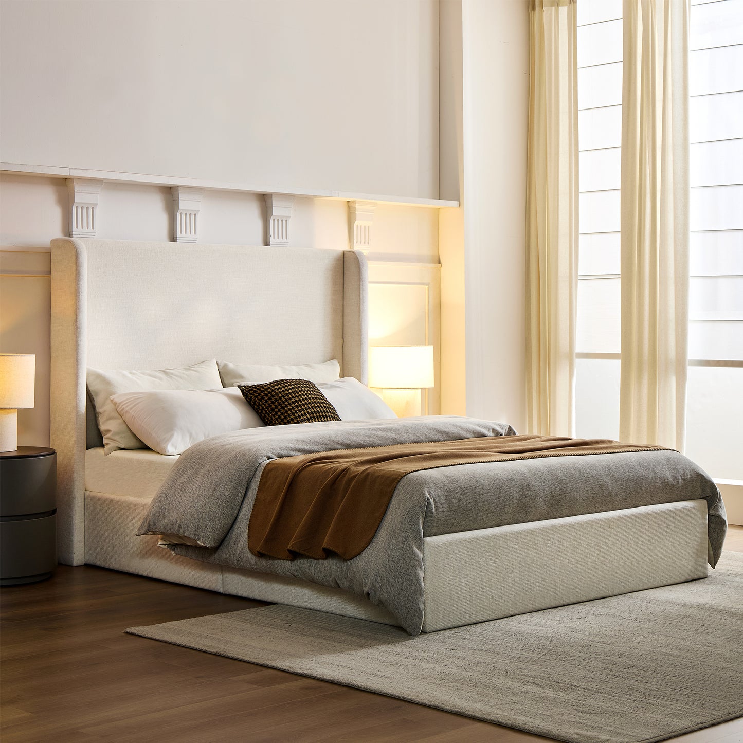 Carmen Upholstered Wingback Bed   Upholstered Platform Bed Frame   52  High Headboard   Simplicity   Minimalist   No Box Spring Needed     California King   Textured Ivory Canvas   No Noise