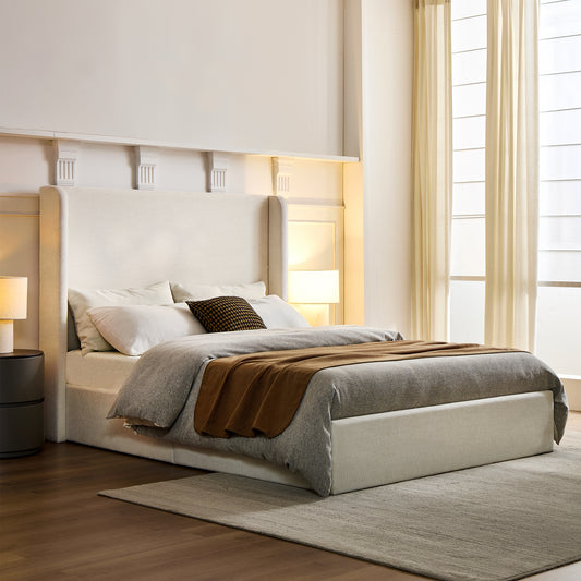 Carmen Upholstered Wingback Bed   Upholstered Platform Bed Frame   52  High Headboard   Simplicity   Minimalist   No Box Spring Needed     California King   Textured Ivory Canvas   No Noise