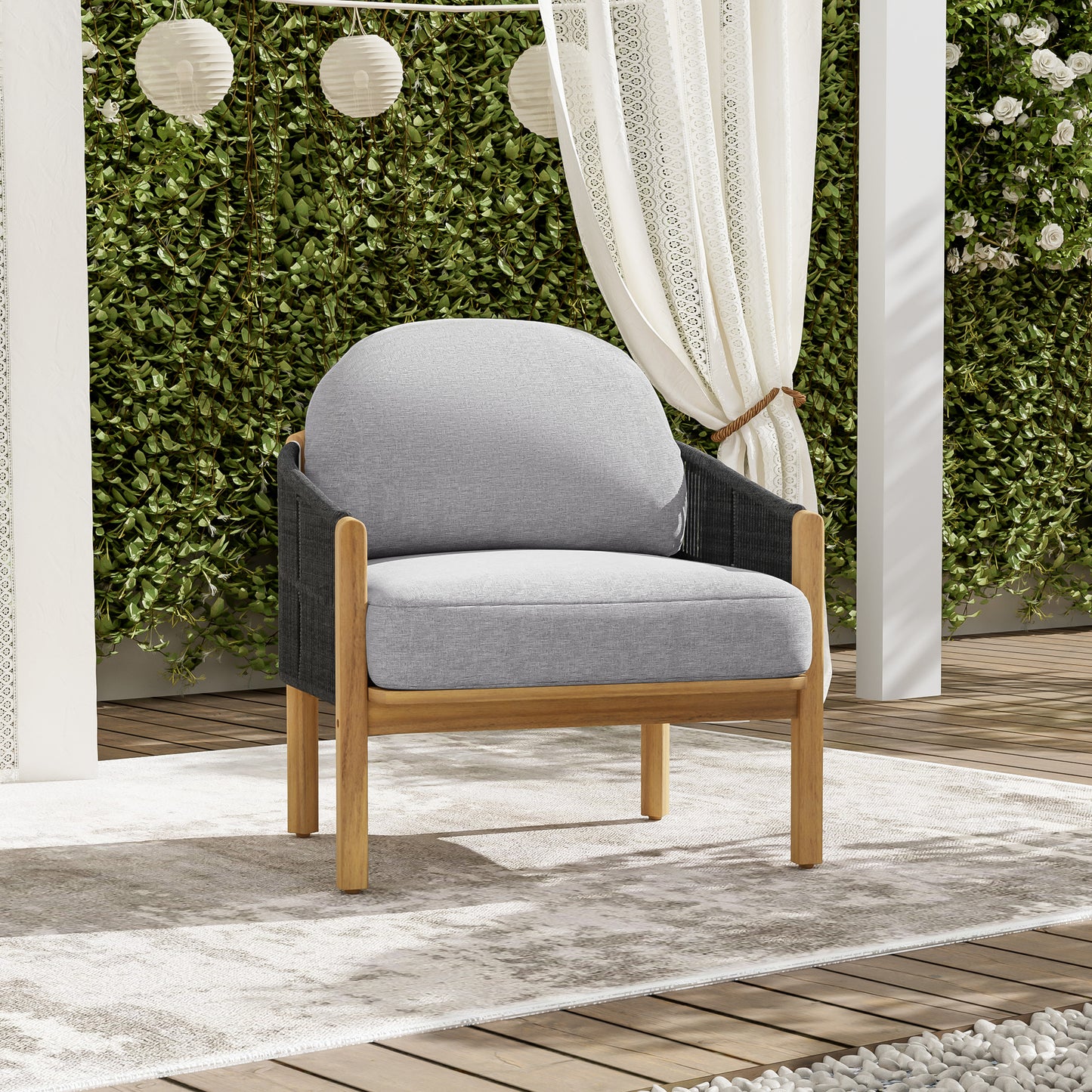 Grotta Outdoor Wood Club Chair  Dark Gray Rope With Gray Cushion