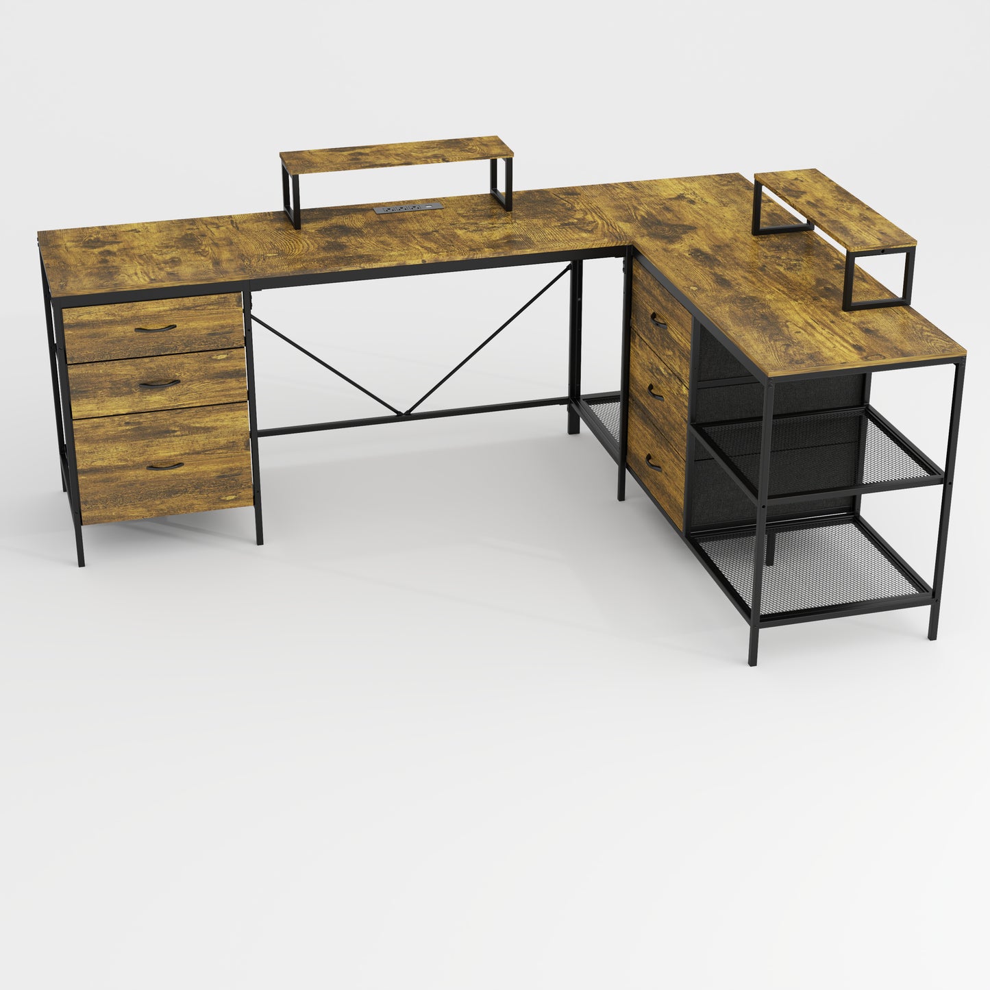 114 Inch L-Shaped Desk With Power Outlets & USB-C, Industrial Computer Desk With 6 Fabric Drawers, 3 Open Shelves & Movable Monitor Stands, Large Corner Office Desk For Gaming, Rustic Brown