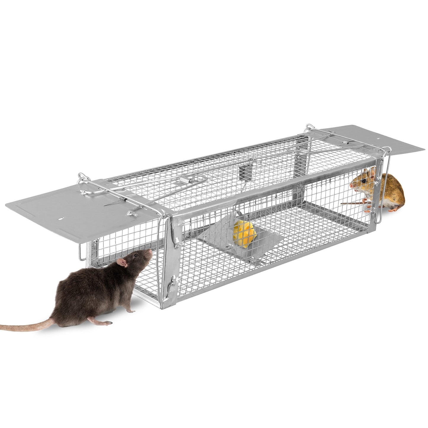 1Pc Dual Door Rat Trap Cage Humane Live Rodent Dense Mesh Trap Cage Zinc Electroplating Mice Mouse Control Bait Catch With 2 Detachable U Shaped Rod