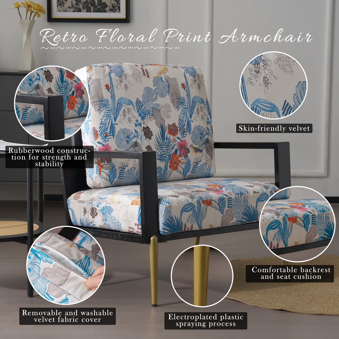 Floral Accent Chair, Velvet Lounge Arm Chair With Solid Wood Frame, Upholstered Living Room Chairs With Metal Legs For Reading Chair For Balcony, Living Room And Bedroom, Blue