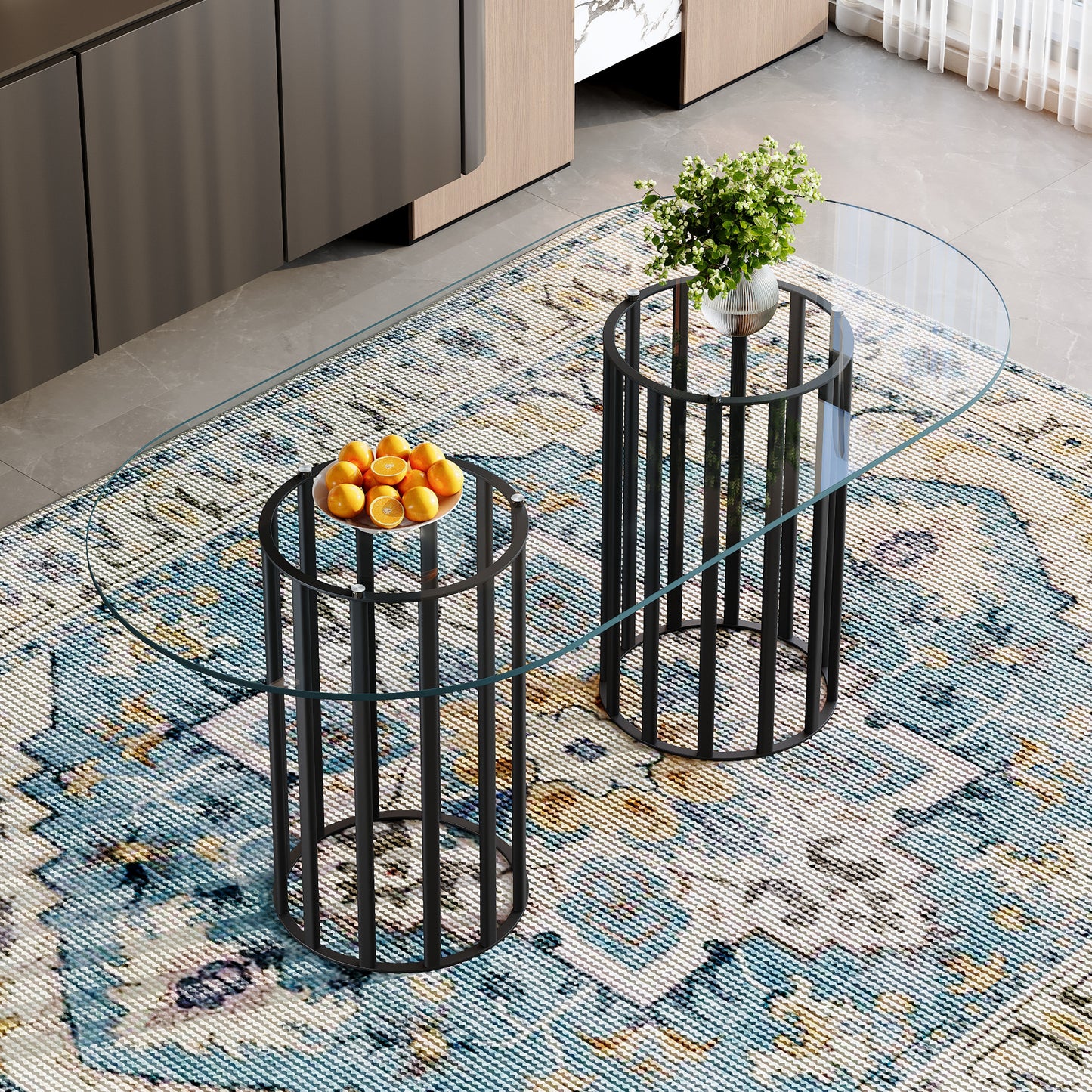 71 Inch Oval Tempered Glass Dining Table,black Double Column Light Luxury Style,tempered Glass Scratch Resistant And Easy To Clean.Suitable For 6-8 People Dining, Modern Light Luxury Restaurant Table.