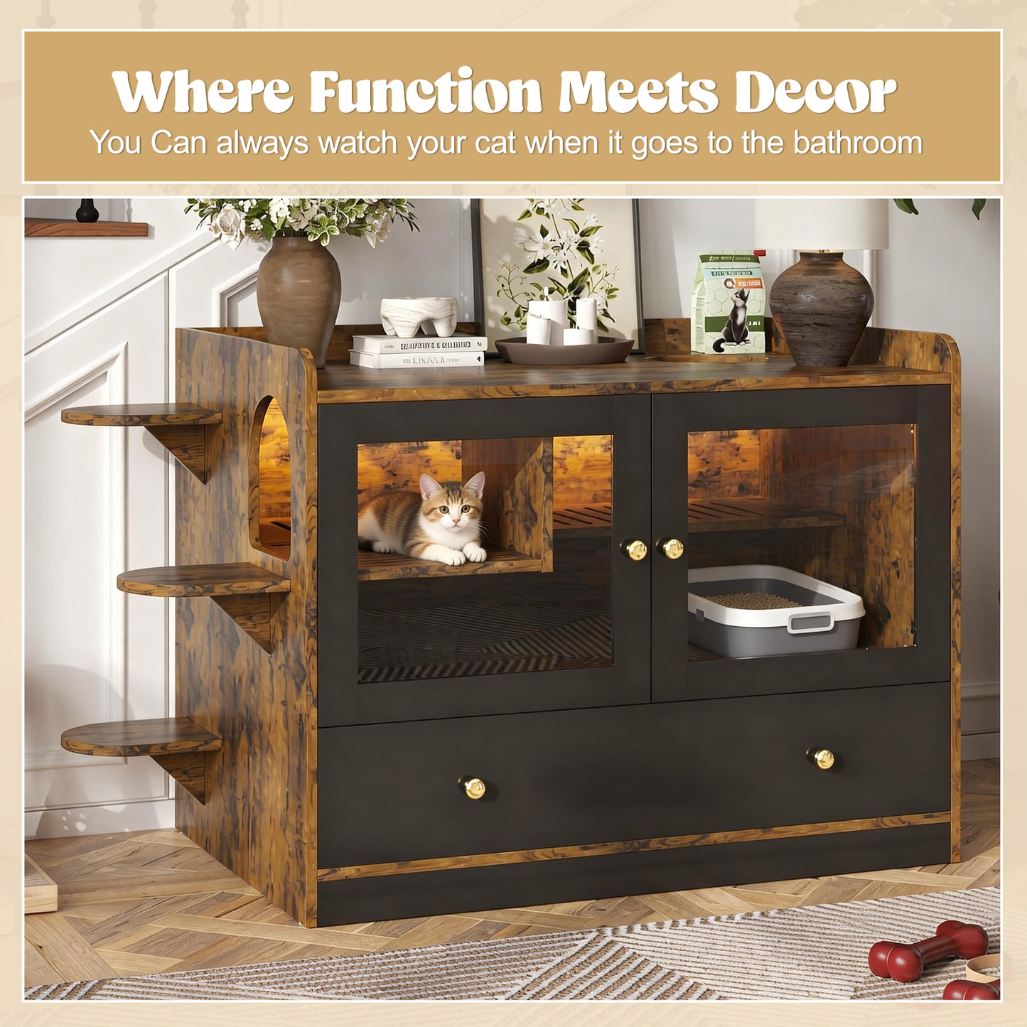 Cat Litter Box Enclosure, Hidden Cat Litter Box Furniture With Drawer And Stairs, Wooden Cat House Washroom For Bedroom,Cat Cabinet Side Table For Living Room, Rustic Brown And Black