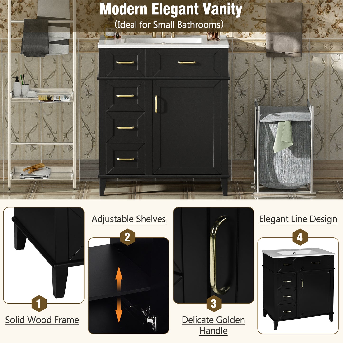30-Inch Bathroom Vanity With Ceramic Sink, Adjustable Shelf, Soft Close Door, And Three Soft Close Drawers