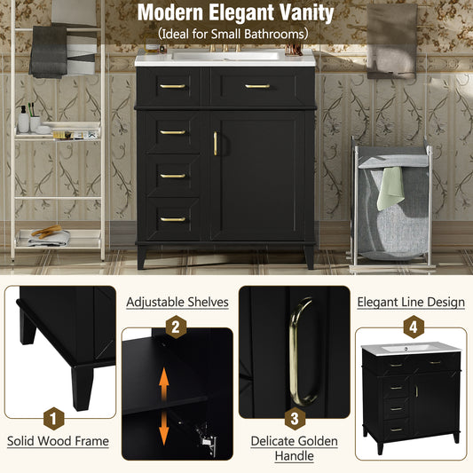 30-Inch Bathroom Vanity With Ceramic Sink, Adjustable Shelf, Soft Close Door, And Three Soft Close Drawers