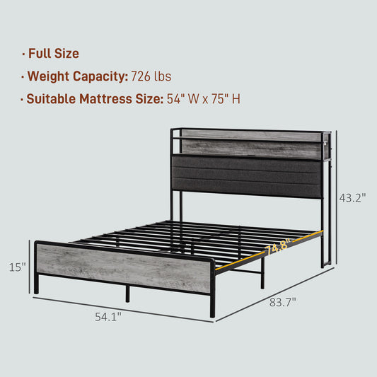 Full Bed Frame With Storage Upholstered Headboard, Full Size Bed Frame With LED Lights, Charging Station, Cement Gray