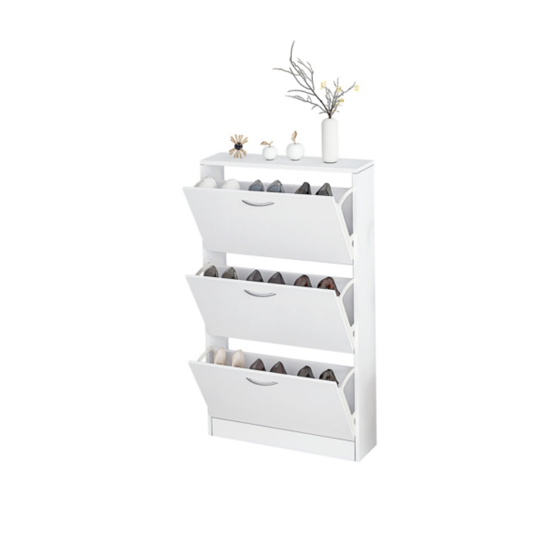 Shoe Cabinet For Entryway, White Narrow Shoe Storage Cabinet Flip Down Shoe Rack Wood 3 Tier Shoe Organizer For Home And Apartment