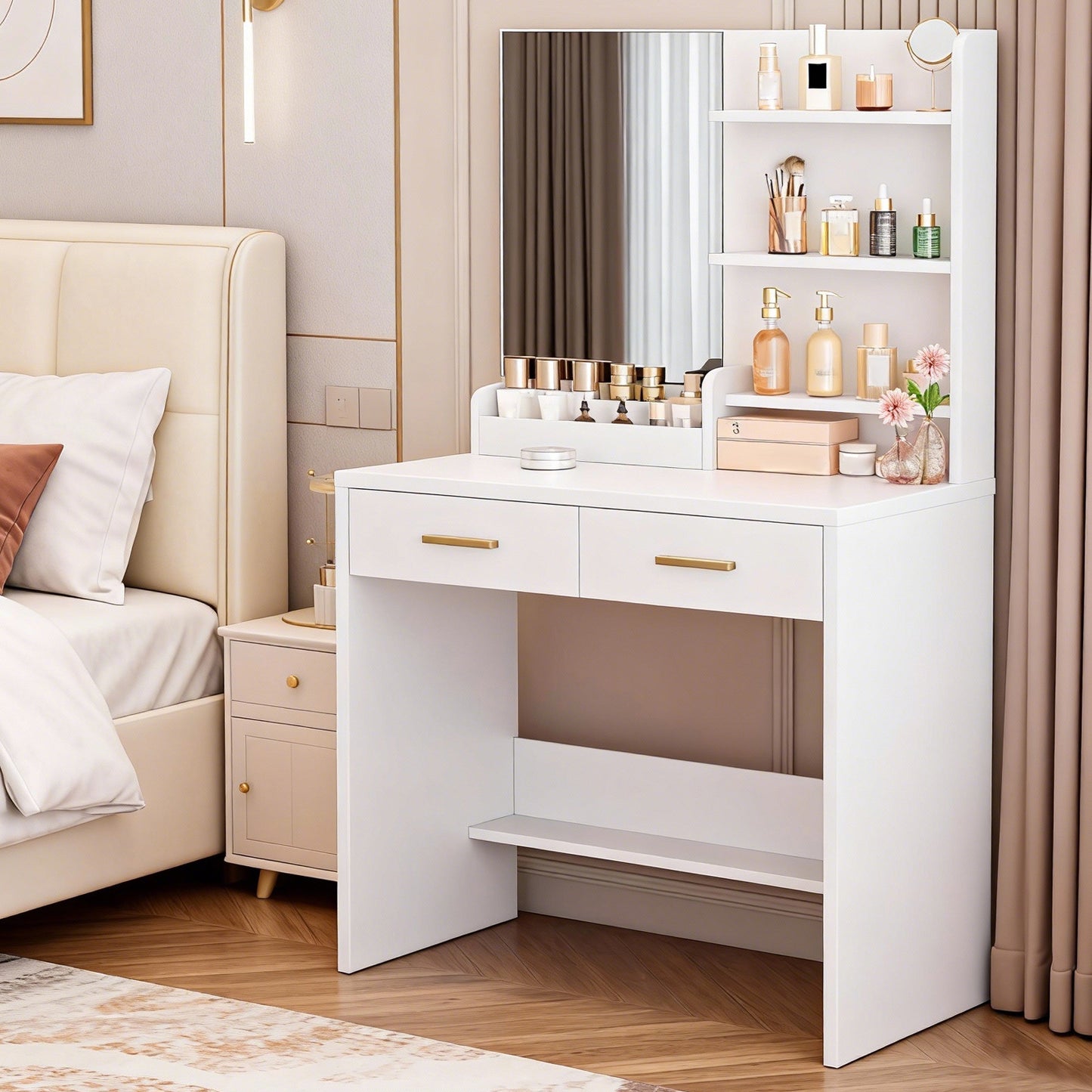 Vanity Table With Mirror 2 Drawers 3 Open Shelves Elegant White Makeup Desk For Bedroom Dorm Apartment