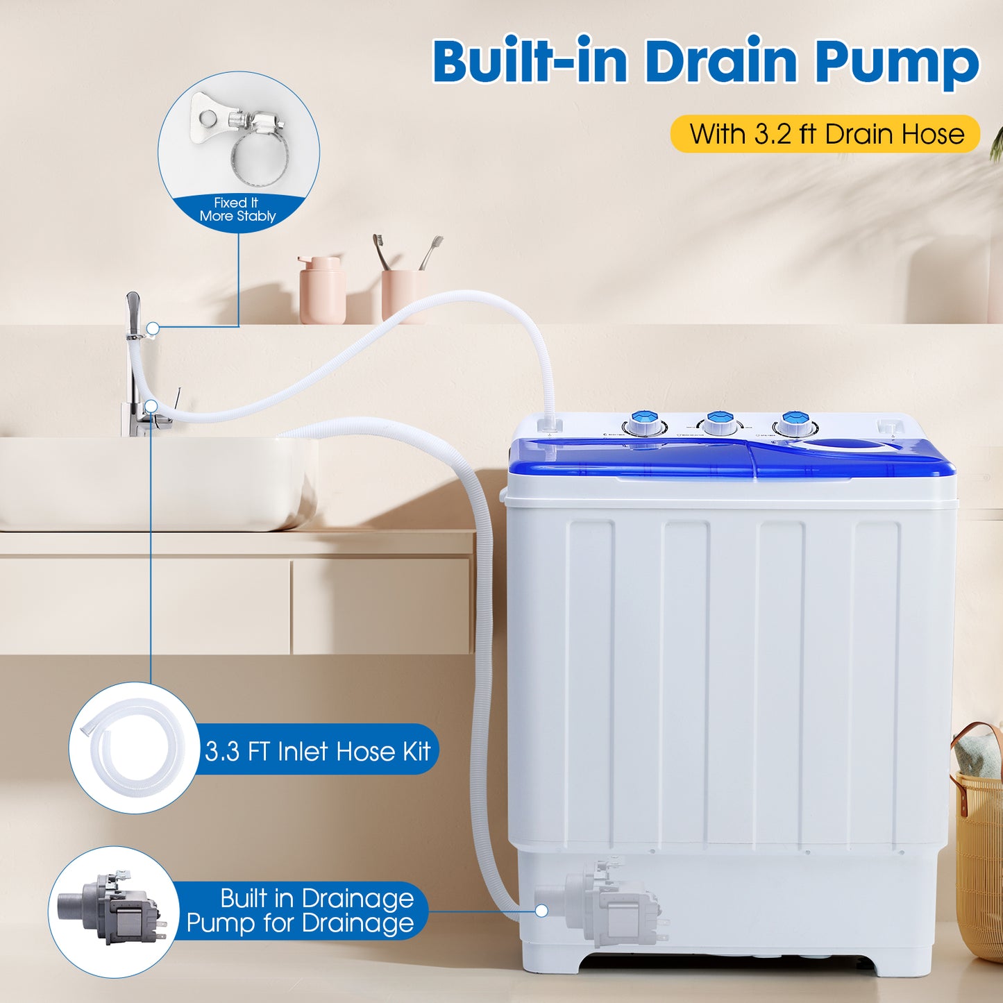 28lbs Portable Washing Machine With 18lbs Wash And 10lbs Spin, Twin Tub Washer Compact Machine With Drain Pump, Mini Portable Washer For Home, Camping, RVs, And Small Spaces, Blue