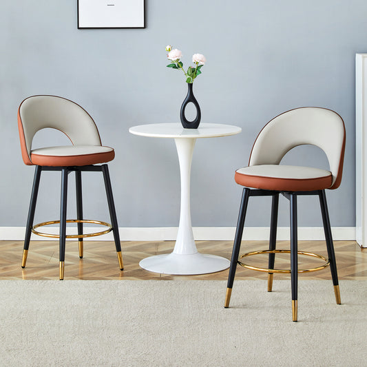 360  Rotatable Bar Chair.Modern Brown And Light Gray Spliced Color PU Comfortable Upholstered Bar Chair With Smooth And Beautiful Black Metal Legs For Dining Room, Kitchen, Terrace.Set Of 2.