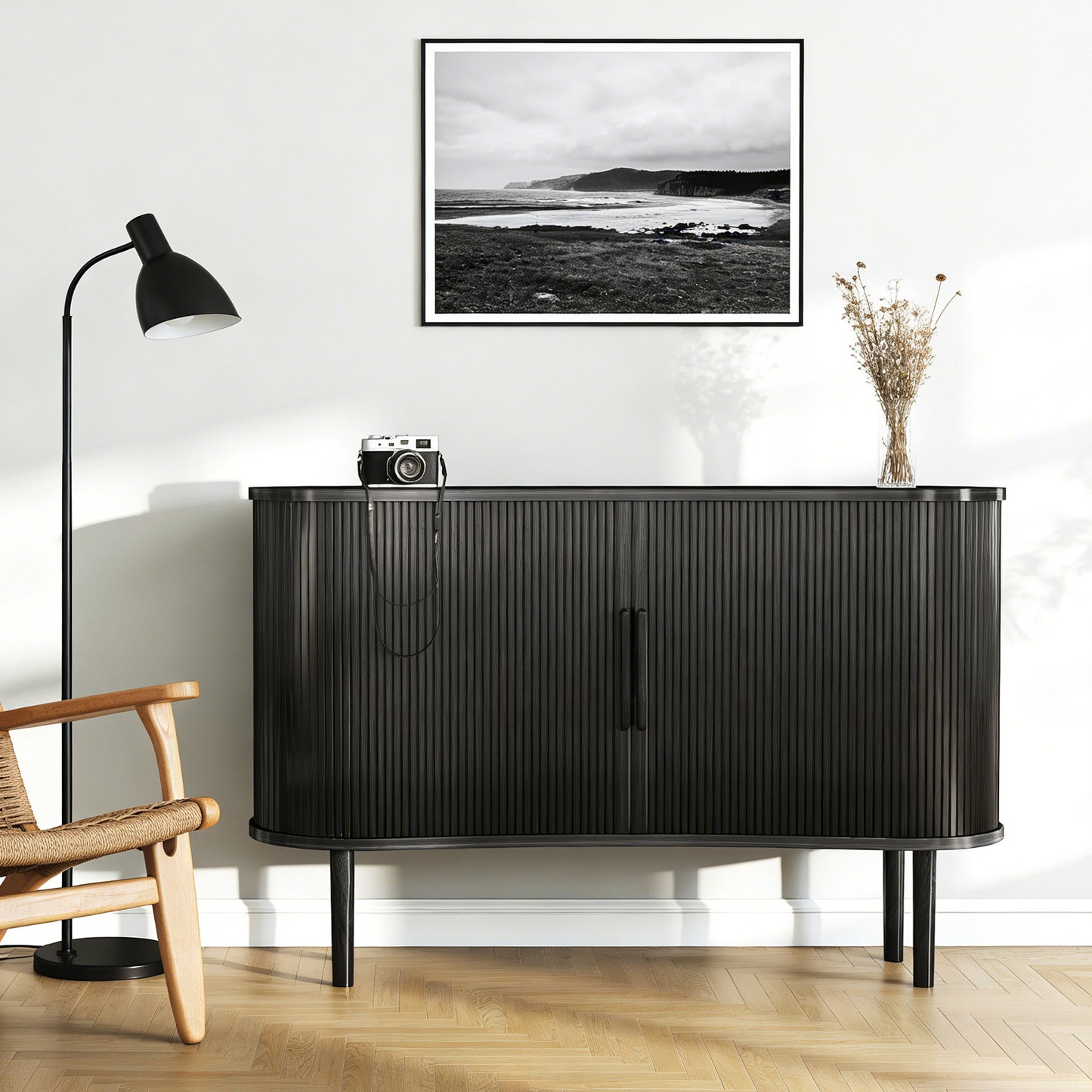 55in Storage Sideboard Modern Fluted Buffet Cabinet With Sliding Door And Solid Wood Legs For Kitchen Living Room Bedroom