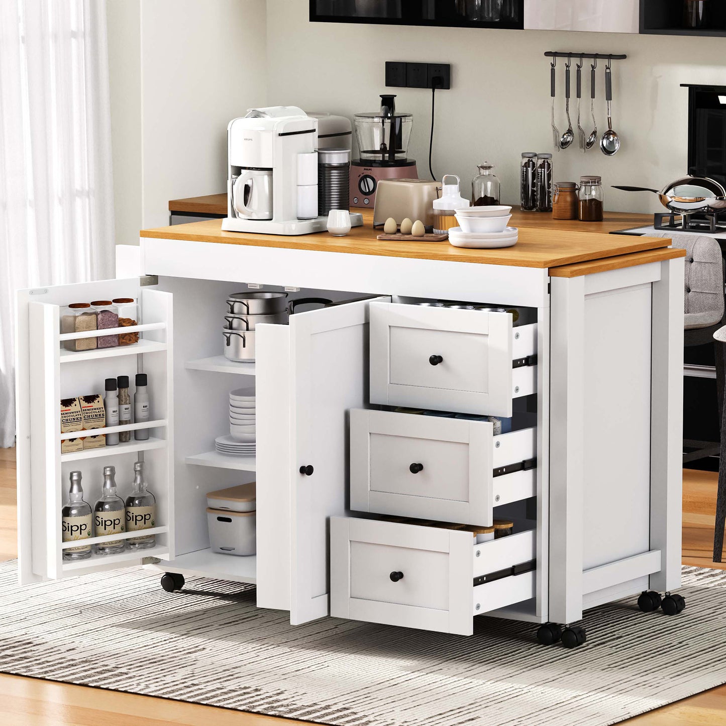 K&K 74.8   Kitchen Island With Extendable Dining Table, Kitchen Storage Cart With 3 Drawers, Power Outlet, Rolling Kitchen Island On Wheels With Spice Rack And 2 Door Cabinet, For Kitchen, White