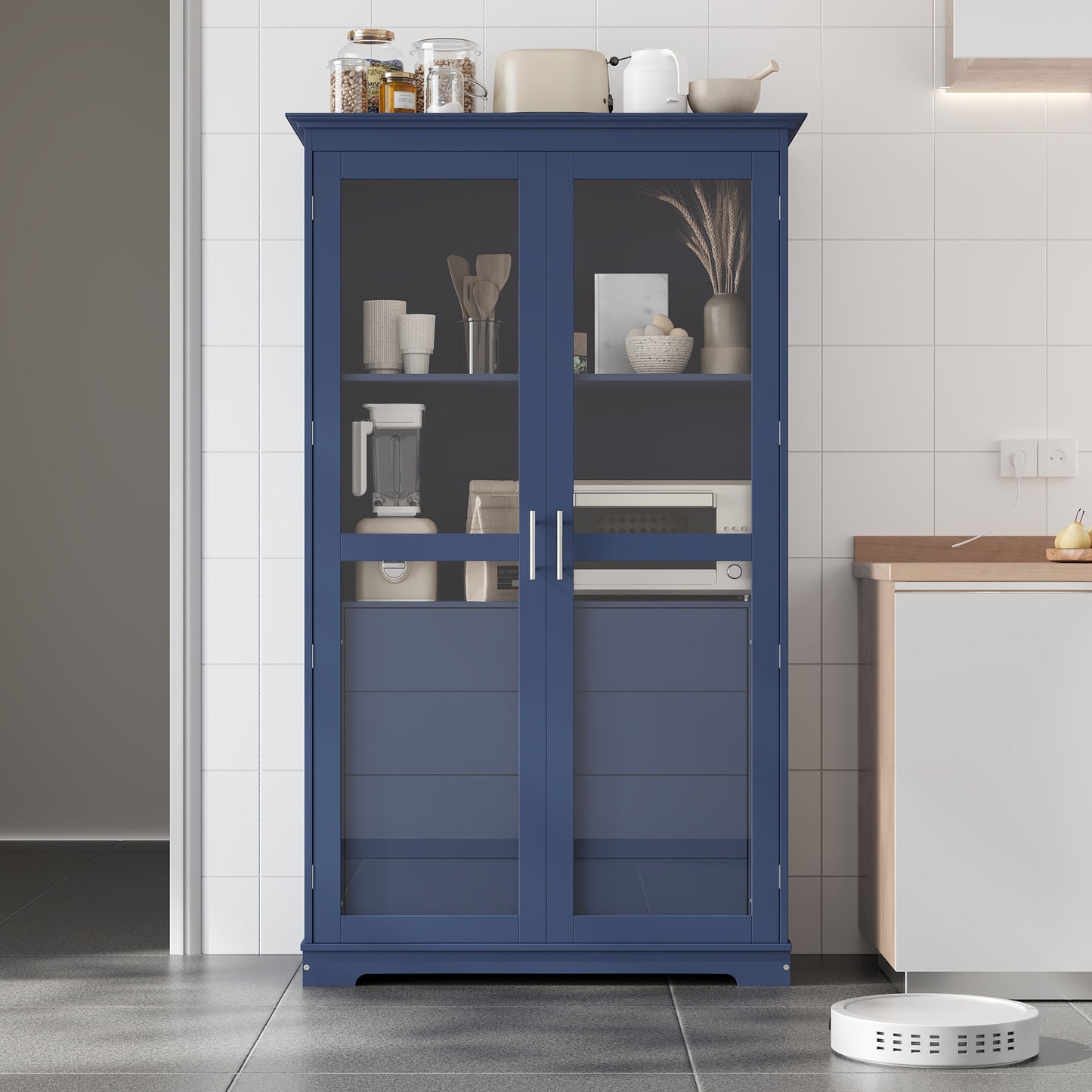 TOPMAx 44.7x20x75inch Kitchen Pantry  Freestanding Kitchen Storage Cabinet Display Cabinet With Glass Doors And 4 Built- In Drawers For Living Room  Home Office  Blue