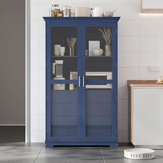 TOPMAx 44.7x20x75inch Kitchen Pantry  Freestanding Kitchen Storage Cabinet Display Cabinet With Glass Doors And 4 Built- In Drawers For Living Room  Home Office  Blue