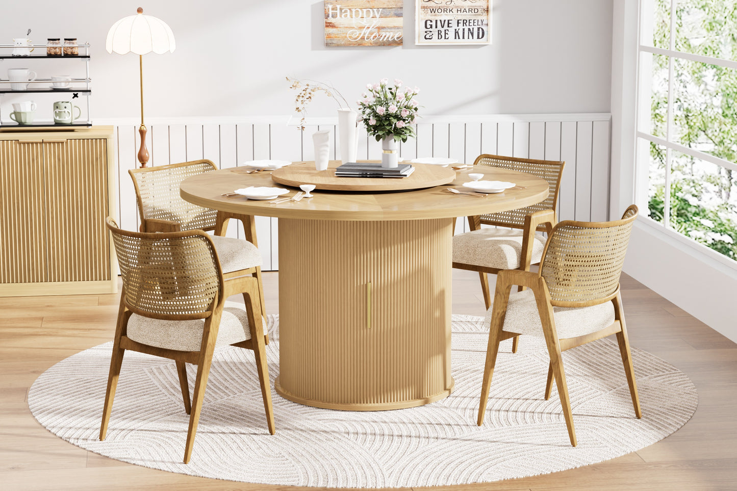 55-inch Round Dining Table For Six, Featuring A Double-tiered Storage Rack And A Rotating Tabletop Tray. Wooden Wavy-striped Sliding Doors. Ideal For Home Dining Room Living Room  Natural.