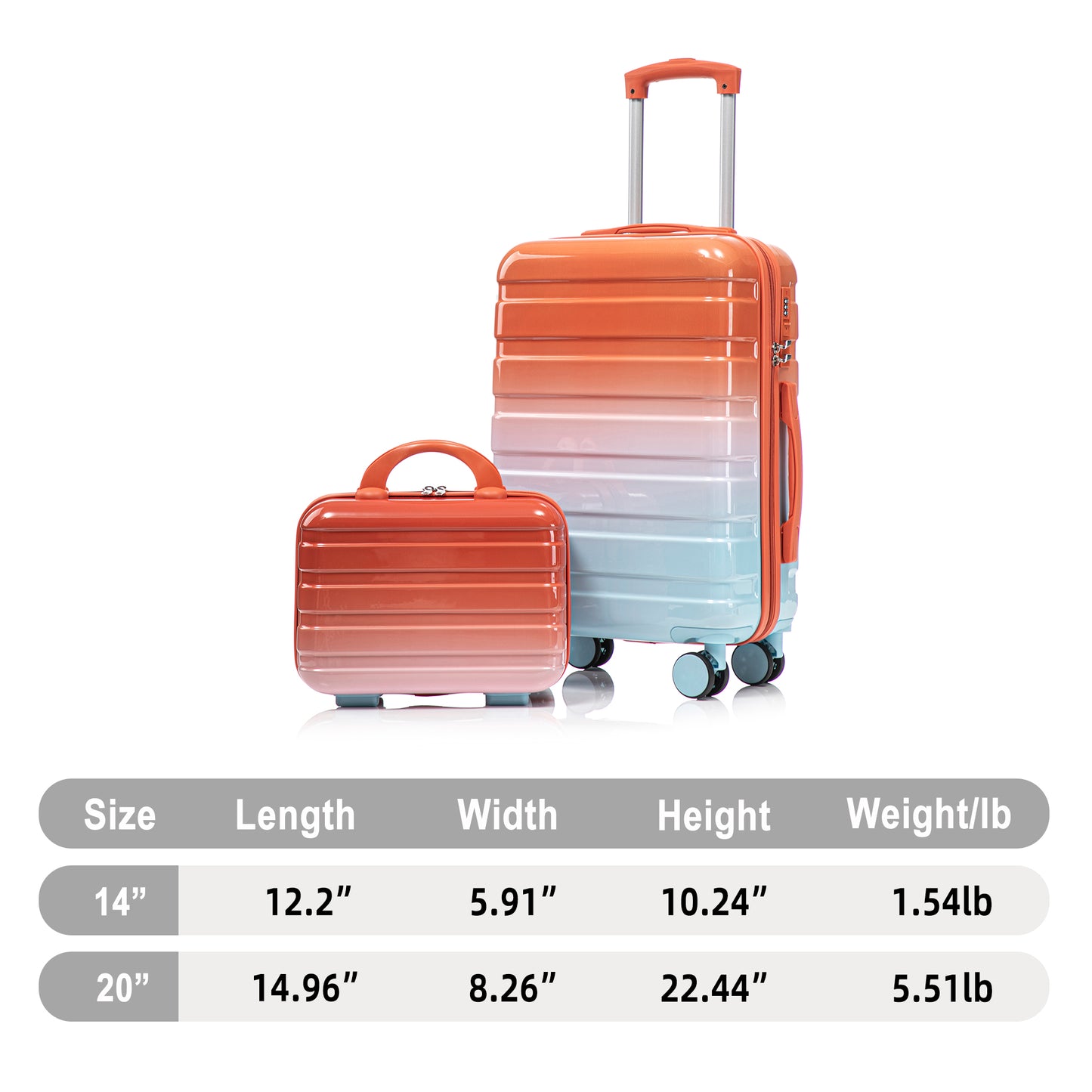 14-20  2 Pcs-set In PC Spinner Wheel Luggage, Carry On Suitcase, With Gradient Color And Combination Lock  Blue Red