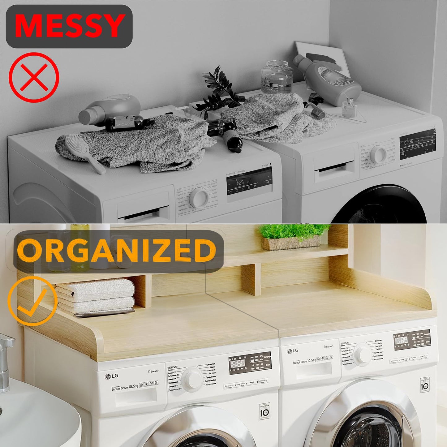 Washer Dryer Countertop With Non-slip Pads, Laundry Wood Shelf Topper With Edge, 54 Width X 27.5 Depth Double Layer Organizer For Washer And Dryer Laundry Hamper Counter Storage Organization OAK